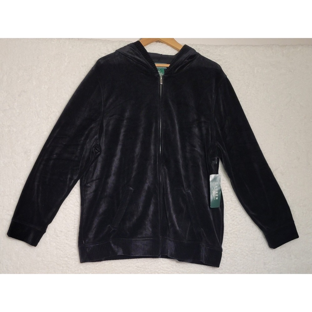 Lauren Ralph Lauren Full‎ Zip Velour Hoodie Jacket 1X Pockets Black Womens 0406